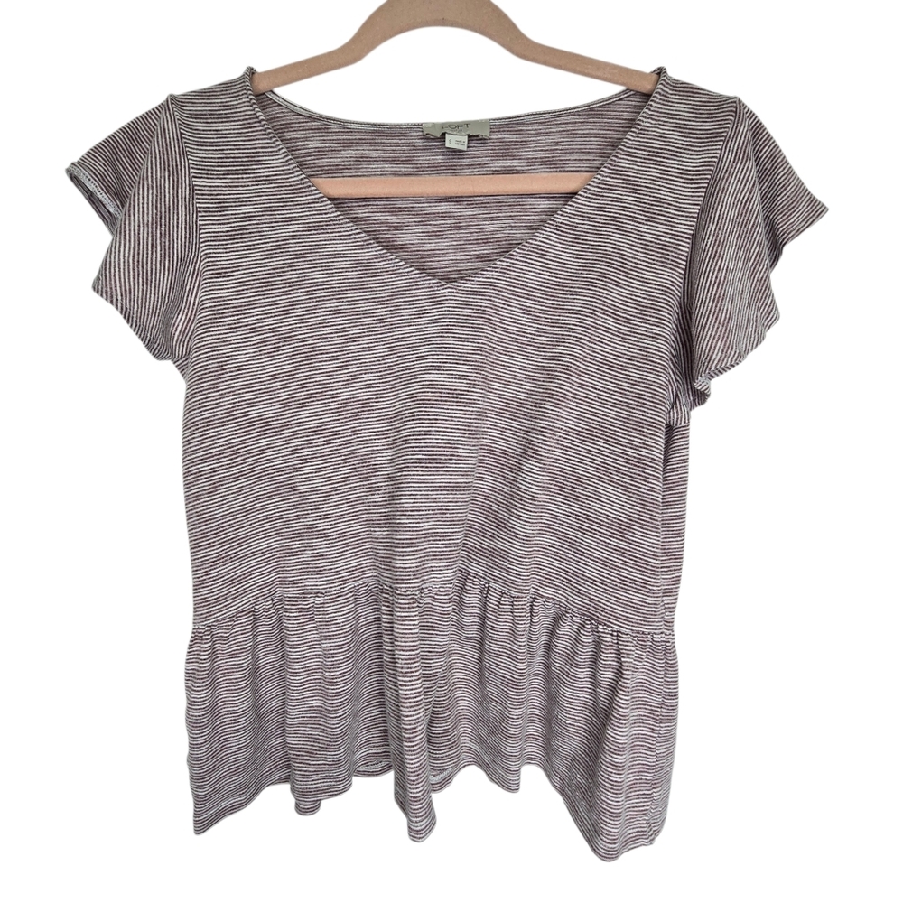 Loft brand V-neck striped top with ruffled sleeves